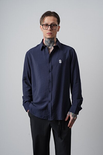 Respire Muška RS Vezena košulja dugih rukava Oversize kroj tamnoplava