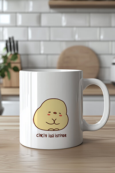 YasBey DESIGN Sevimli Civciv Tasarımlı 330ml Baskılı Beyaz Seramik Kupa Bardak