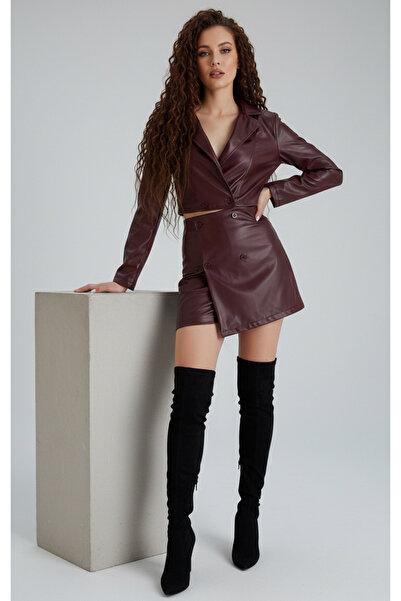 MAİMODA Women's Faux Leather Shorts Skirt and Jacket Set / Women's Faux Leath...