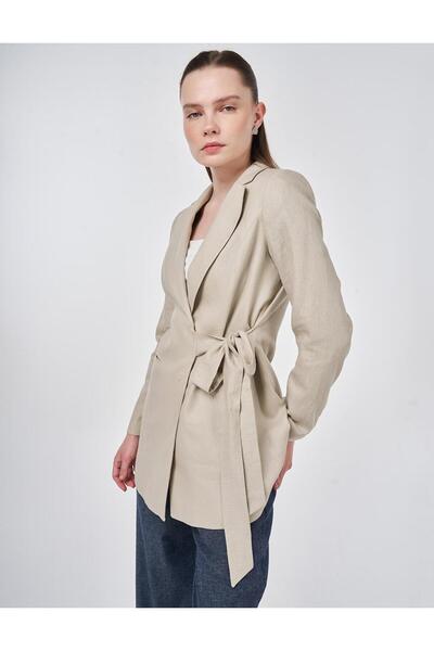 Kayra Kruvaze Bağlamalı Keten Ceket Taş