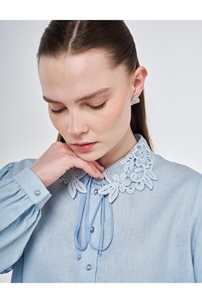 Kayra Collar Detail Linen Lyocell Blouse Blue