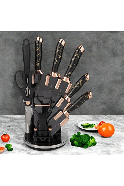 Generic 9-Piece Non-Stick Kitchen Knife Set, Rose Gold Marble Handle & Knife ...