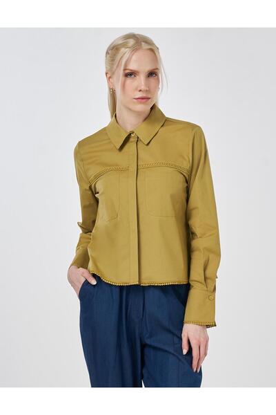 KYR Striped Eyelet Embroidery and Cotton Piece Blouse in Oil Green