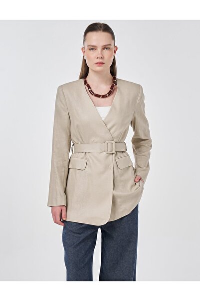 Kayra Belt Detail Lyocell Linen Jacket Stone