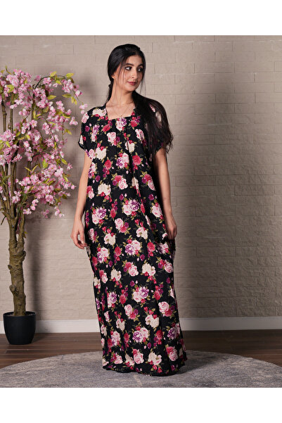 hendam Long house dress with a colorful spring floral pattern - black
