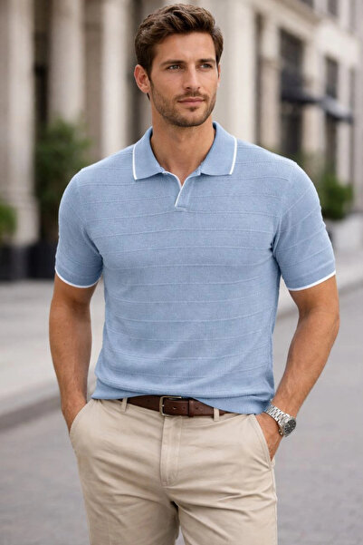 LUMİART تي شيرت رجالي من القماش المحبوك بياقة مفتوحة بدون أزرار قماش مجدّل بأ...