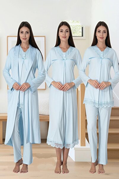 Effortt طقم ملابس نوم وبيجامات للحوامل من ديفينا، طقم كامل - 4 قطع - أزرق