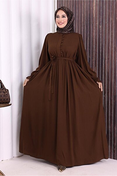 TRENDTESETTÜR KADIN KAHVE KUŞAKLI DÜĞME DETAYLI ELBİSE T 5506