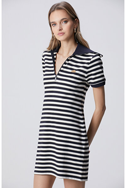 Network Lacivert Beyaz Çizgili Mini Triko Elbise
