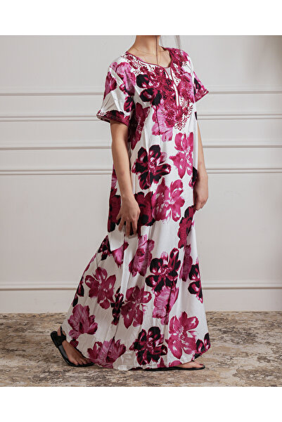 hendam Long house dress with a purple Floral Print and pink chest embroidery