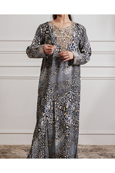hendam Long house dress with a gray leopard print and gold chest embroidery