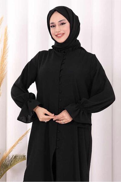 TRENDTESETTÜR KADIN SİYAH ŞALLI PANTOLONLU TAKIM T 3208