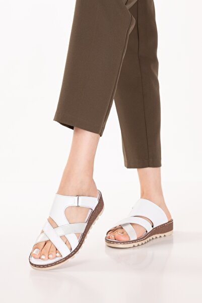 Gondol Genuine Leather Comfortable Daily Cross Band Slipper Rh.012 White