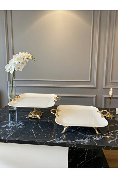 Sillage Home Set of 30 cm Porcelain Presentation Plates with Gold Metal Feet ...