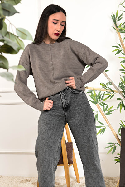 AlvaLuna Bisiklet Yaka Şerit Detay Salaş Kadın Triko Kazak