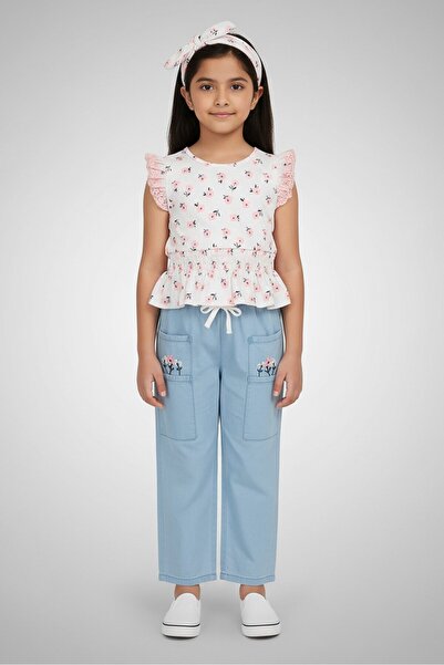 Little Lass Kids Girl 4 Pcs Floral Print Top And Bottom Set With Headband, Mu...