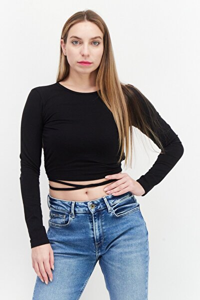 Don't Call Me Jennyfer Women Crew Neck Long Sleeve Plain Crop Top, Black