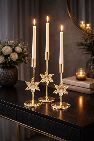 sahane & bazaar Lüks Gold 3’lü Şamdan Mumluk Seti Kristal Çiçek Detaylı Avang...