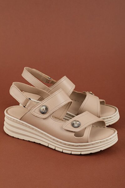 Gondol Genuine Leather Comfort Sole Comfortable Daily Sandals Irm.114 Beige