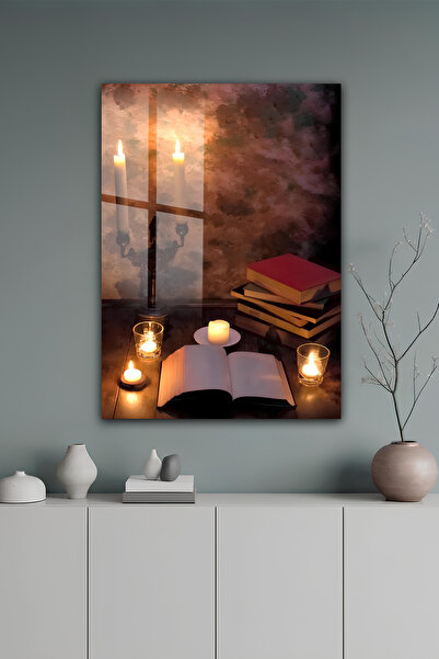 kutuTR Mum Işığı ve Kitap Temalı Romantik Dekoratif Temperli Cam Tablo 2D UV ...