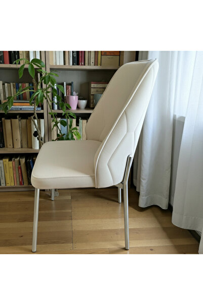 MSY HOME 2 Adet Naz Serisi Krom Ayaklı Krem Kumaş Lüks Ve Modern Sandalye Seti