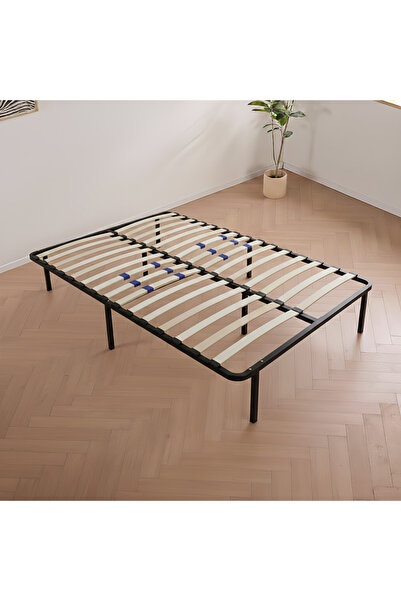 Generic إطار سرير مزدوج 150 × 200 سم، دعامة فولاذية شديدة التحمل مع شرائح خشبية