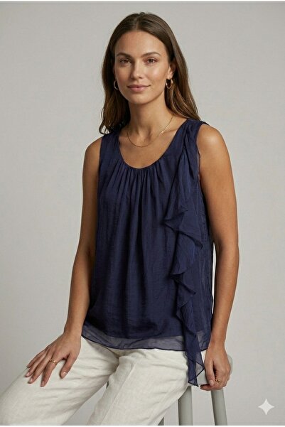 della moor Italian Navy Blue Zero Sleeve Front Ruffle a Lined İ Silk Luz
