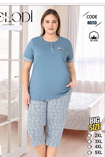 melodi 100% Cotton Piece Battal Large Size Women's Capri Pajama Set Blue