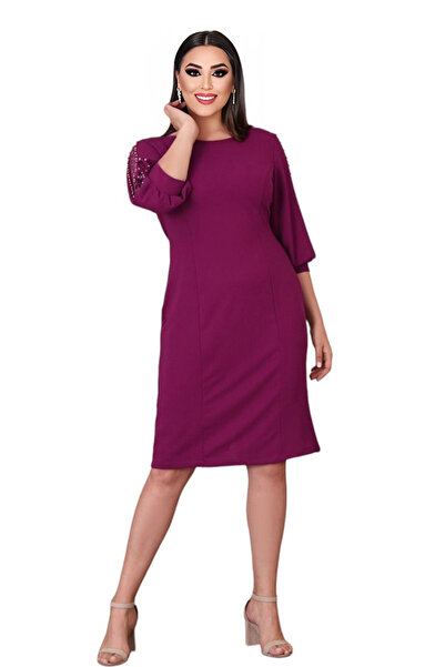 rotop Rochie eleganta de ocazie, decorata cu pietricele si dantela la maneci, culoare violet