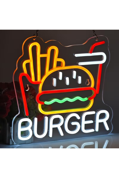 Slasa Burger Fries Neon Sign 30x32 cm Multicolor LED Wall Decor with 6 mm Acr...
