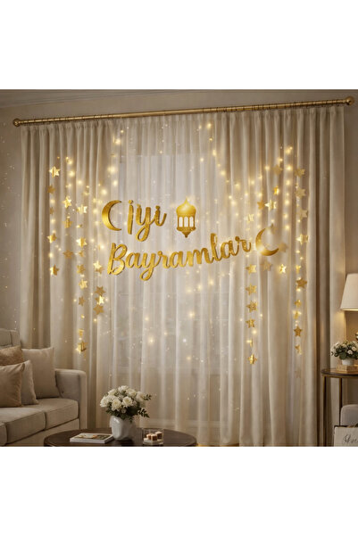 Rasa Gold İyi Bayramlar Yazılı Işıklı Duvar ve Cam Süsleme Seti 3cm LED ve 4c...