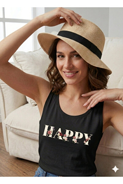 FAVORİST تي شيرت نسائي بدون أكمام من HAPPY مطبوع