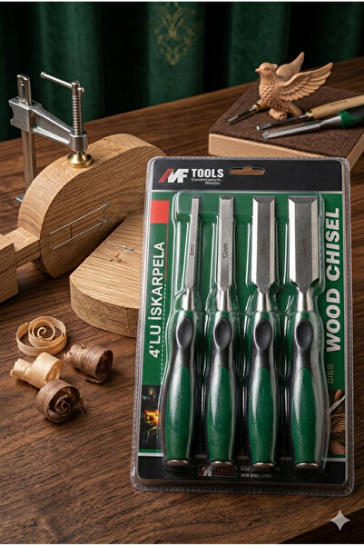 MF TOOLS Profesyonel 4 Parça Ahşap Oyma İskarpela Seti - Yüksek Karbonlu Çelik
