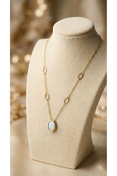 - Stainless Steel 316L 14K Gold Paslanmaz, Kararmaz Opal Taşlı Çelik Kolye 41+5 cm