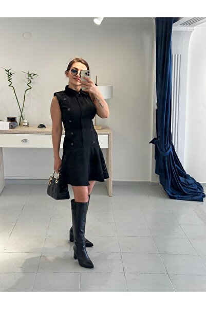 Derya Akyol Düğme Detaylı Siyah Mini Elbise