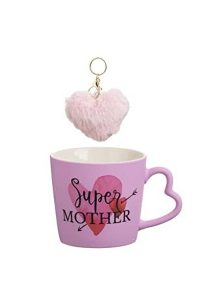 OEM New Bone Pink Matte Mug with 'Super Mother' Print and Pink Keychain 400 ml