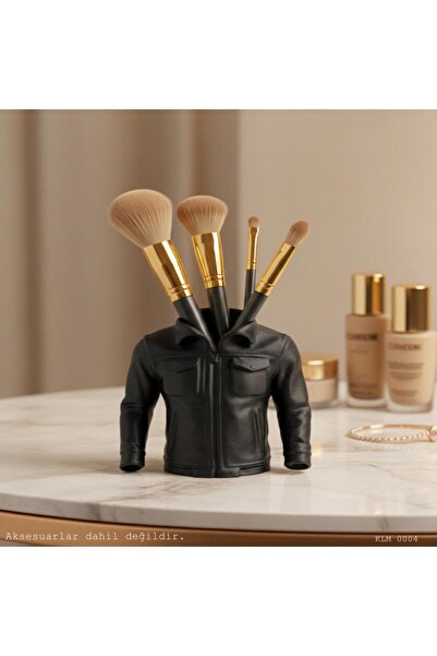 CT STONES Black Zippered Pocket in Leather Jacket Form Makeup Brush Holder De...