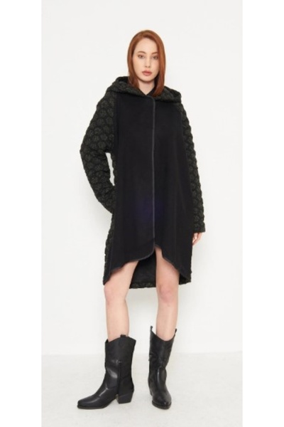 Kutaf Women's Black Hooded Asymmetrical Cut Quilted Coat
