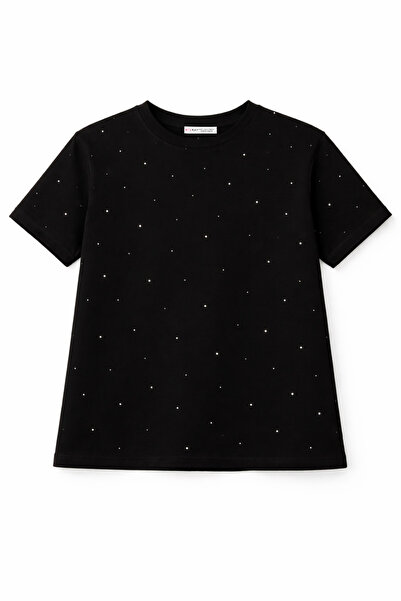 Mixray 2057 Дамска тениска от 100% памук с камъчета на врата, черна