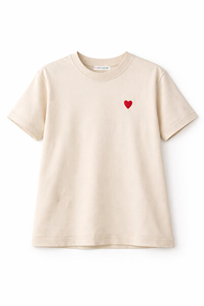 Mixray 2056 Дамска тениска с изрязан деколте, 100% памук, с бродерия на сърце...