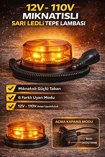 GUMUSONLINE 12v/110volt Sarı Sarı Ledli Çakmak Fişli Mıknatıslı Tepe Lambası