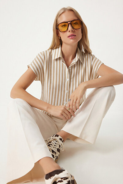 Lovelyİstanbul Striped Summer Viscose Shirt Lrn0005 Biscuit