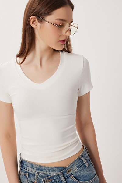 Lovelyİstanbul V-izrez Osnovni Pleteno T-shirt LDZ0069 KOST