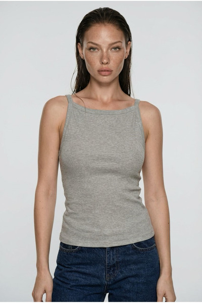 Madmext Gray Piped Body-Hugging Corded Fabric Modern Cut Tank Top Mg2681