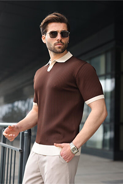 Madmext Καφέ Ανδρικό Πλεκτό Μπλουζάκι με Γιακά Πόλο E7471