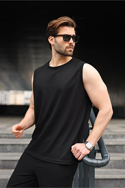 Madmext Black Crew Neck Jacquard Sleeveless Men's T-Shirt E7180
