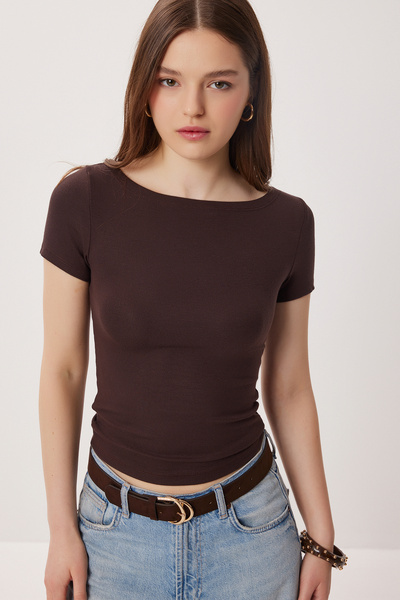 Lovelyİstanbul Kayık Yaka Basic Örme Bluz LDZ0065 KAHVERENGİ