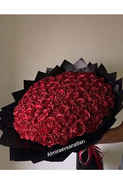 almiraevsanatları solmayan gül buketi kırmızı 100 adet simli buket