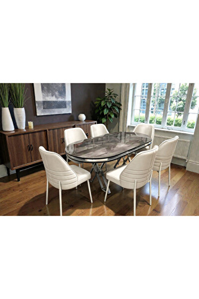 MSY HOME 6 Kişilik Monaco Stil Krom Çizgili Krem Kumaş İroni Oval Masa Modern...
