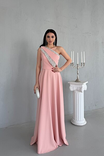 Serica Moda Powder One-Shoulder Stone Embellished Evening Dress